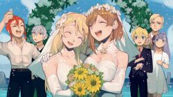 Rule 34 | 3girls, 4boys, atelier (series), atelier ryza, atelier ryza 1, atelier ryza 2, bare shoulders, blonde hair, blue eyes, blush, bos brunnen, bouquet, braid, breasts, bride, brown eyes, brown hair, cleavage, closed eyes, dress, elbow gloves, father and daughter, flask, flower, gloves, green eyes, hair ornament, hairband, highres, holding, holding bouquet, jewelry, klaudia valentz, large breasts, lent marslink, long hair, lostastronaut, multiple boys, multiple girls, necklace, open mouth, outdoors, patricia abelheim, red shorts, reisalin stout, short hair, shorts, smile, sunflower, tao mongarten, wedding, wedding dress, white gloves, wife and wife, yuri