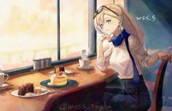 alternate_hairstyle blonde_hair blue_eyes blue_pants blue_scarf cake collared_shirt cup denim dress_shirt eyewear_on_head food hair_between_eyes indoors jeans kantai_collection long_hair official_alternate_costume pants ponytail richelieu_(kancolle) richelieu_(mitsukoshi_2017)_(kancolle) scarf shirt sitting sunglasses teacup twitter_username white_shirt wss_(nicoseiga19993411)