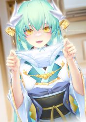 Rule 34 | 1girl, aqua hair, aqua kimono, blush, breasts, dmith, dragon horns, fate/grand order, fate (series), hair ornament, holding, holding clothes, holding panties, holding underwear, horns, japanese clothes, kimono, kiyohime (fate), long hair, long sleeves, looking at viewer, medium breasts, multiple horns, obi, open mouth, panties, presenting removed panties, sash, smile, solo, underwear, white panties, wide sleeves, yellow eyes