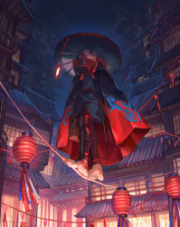 Rule 34 | 1girl, architecture, bad id, bad pixiv id, bandaged leg, bandages, barefoot, black cloak, building, claw (weapon), cloak, cloud, covered mouth, east asian architecture, hat, highres, holding, knee pads, kohari (shichigatsu), lantern, looking at viewer, night, night sky, one eye closed, original, outdoors, paper lantern, purple hair, red eyes, red hat, rice hat, rope walking, shichigatsu, short hair, sky, solo, toenails, walking, weapon