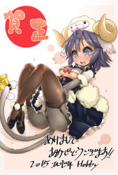Rule 34 | 1girl, animal ears, bell, black hair, blush, breasts, dress, fur, garter straps, highres, hobby (kento), horns, multiple tails, nengajou, new year, open mouth, original, panties, pantyhose, sheep, small breasts, solo, tail, tail bell, tail ornament, thighhighs, underboob, underwear