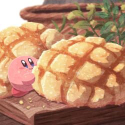 Rule 34 | basket, blue eyes, blush stickers, bread, closed mouth, crumbs, eating, food, food focus, indoors, kirby, kirby (series), leaf, melon bread, miclot, nintendo, no humans, plant, smile, standing