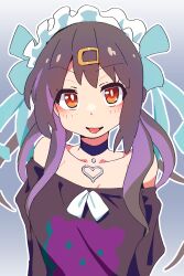 Rule 34 | 1girl, :p, alternate costume, bare shoulders, black choker, black hair, black shirt, blue ribbon, bright pupils, brown eyes, choker, collarbone, commentary, gradient background, hair ornament, hair ribbon, hairclip, headdress, highres, light blush, long hair, looking at viewer, low twintails, multicolored hair, noyama takenoko, off-shoulder shirt, off shoulder, onii-chan wa oshimai!, outline, oyama mihari, purple hair, ribbon, shirt, simple background, smile, solo, tongue, tongue out, twintails, two-tone hair, upper body, white outline