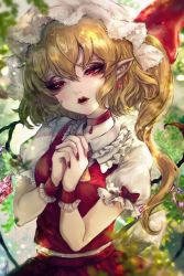 Rule 34 | 1girl, blonde hair, crystal, earrings, flandre scarlet, hair between eyes, hat, highres, jewelry, kyogoku-uru, lips, looking to the side, mob cap, one side up, own hands clasped, own hands together, pointy ears, red eyes, short hair with long locks, solo, touhou, upper body, white hat, wings