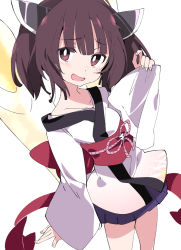 Rule 34 | 1girl, brown hair, collarbone, headgear, ixy, japanese clothes, kimono, long sleeves, obi, red eyes, sash, short hair, simple background, solo, touhoku kiritan, voiceroid, white background, white kimono