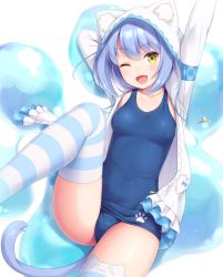 Rule 34 | 1girl, ;d, animal ear legwear, animal ears, arms up, ass, blue hair, blue one-piece swimsuit, breasts, cat ear legwear, cat ears, cat tail, covered navel, hood, hooded jacket, jacket, looking at viewer, one-piece swimsuit, one eye closed, open clothes, open jacket, open mouth, original, sasaame, school swimsuit, short hair, small breasts, smile, solo, striped clothes, striped thighhighs, swimsuit, swimsuit under clothes, tail, thighhighs, thighs, white jacket, yellow eyes