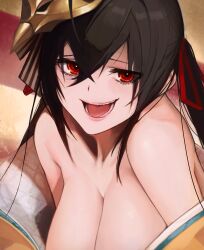 Rule 34 | 1girl, azur lane, bare shoulders, black hair, breasts, cleavage, commentary request, hair between eyes, hair ribbon, highres, large breasts, long hair, mask, mask on head, open mouth, red eyes, red ribbon, ribbon, solo, taihou (azur lane), teeth, upper body, yohia