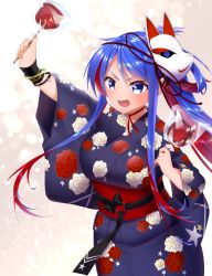 Rule 34 | 1girl, absurdres, blue eyes, blue hair, blue kimono, breasts, candy apple, commentary request, cowboy shot, floral print, food, fox mask, highres, japanese clothes, kanda kaname, kantai collection, kimono, large breasts, long hair, mask, mask on head, multicolored hair, official alternate costume, red hair, smile, solo, south dakota (kancolle), star (symbol), yukata