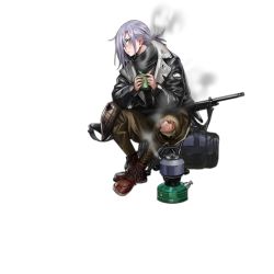 Rule 34 | 1girl, alternate hairstyle, aqua eyes, black scarf, blush, boots, brown hat, brown pants, carrying bag, coat, cover, cup, damaged, full body, girls&#039; frontline, gun, hair over one eye, hat, holding, holding cup, hurt, infukun, long sleeves, looking at viewer, machine gun, mg5 (call of the hunter) (girls&#039; frontline), mg5 (girls&#039; frontline), official alternate costume, official art, pants, ponytail, purple hair, red footwear, scarf, shoelaces, sitting, solo, steam, torn clothes, torn hat, torn pants, transparent background, unworn hat, unworn headwear, weapon