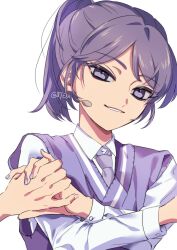 Rule 34 | 1girl, 87esn, absurdres, animification, collared shirt, girls planet 999, head tilt, headset, highres, holding hands, light smile, looking at viewer, necktie, parted lips, ponytail, portrait, purple eyes, purple hair, purple nails, purple necktie, purple vest, real life, shirt, simple background, smile, solo focus, su ruiqi, twitter username, vest, white background, white shirt