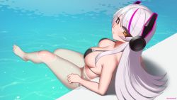 Rule 34 | 1girl, absurdres, afloat, arianna foxton, arm support, armpit crease, artist name, barefoot, bikini, black bikini, blush, breasts, brown eyes, commentary, commission, english commentary, eyes visible through hair, full body, headgear, highres, indie virtual youtuber, kuroonehalf, long hair, looking at viewer, looking back, medium breasts, multicolored hair, parted lips, partially submerged, pool, poolside, purple hair, second-party source, shiny skin, solo, streaked hair, swimsuit, virtual youtuber, water, wet, white hair