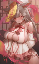 Rule 34 | 1girl, :t, animal ears, blush, bow, braid, breasts, cat ears, cat girl, cleavage cutout, clothing cutout, commentary, commission, detached sleeves, dress, facial mark, final fantasy, final fantasy xiv, grey hair, hat, highres, jiangshi, jiangshi costume, large breasts, long hair, looking down, metatarou, miqo&#039;te, ofuda, pink bow, qingdai guanmao, red eyes, side slit, sideboob, skeb commission, sleeveless, sleeveless dress, sleeves past fingers, sleeves past wrists, solo, tassel, twin braids, warrior of light (ff14), whisker markings, white dress, white hat, wide sleeves