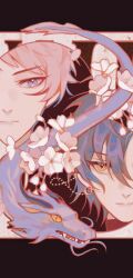 Rule 34 | 2boys, black hair, closed mouth, ensemble stars!, expressionless, facing viewer, flower, itsuki shu, kagehira mika, looking at another, looking to the side, male focus, multicolored background, multiple boys, pink hair, purple eyes, red background, renranbulan, valkyrie (ensemble stars!), white background, white flower, yellow eyes