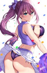 Rule 34 | 1girl, aqua eyes, ass, back, bare shoulders, bikini, blush, breasts, butt crack, cheerleader, confetti, crop top, highres, holding, holding pom poms, large breasts, long hair, looking at viewer, looking back, mataro (matarou), original, parted lips, pom pom (cheerleading), pom poms, ponytail, purple bikini, purple hair, skirt, sweat, swimsuit, thighs, underwear, white background