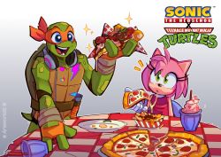Rule 34 | 1boy, 1girl, amy rose, animal ears, arsworlds, blue eyes, cheese, cheese trail, commentary, drinking straw, eating, food, french fries, furry, furry female, gloves, green eyes, headphones, headphones around neck, highres, holding, holding food, holding pizza, ice cream, ice cream float, looking at another, looking at food, mask, ninja, open mouth, pepperoni, pink fur, pink hair, pizza, pizza slice, plate, simple background, smile, sonic (series), table, teenage mutant ninja turtles, teeth, turtle, white gloves