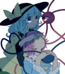 Rule 34 | 2girls, blue eyes, bow, check commentary, commentary request, covering own eyes, eye contact, hairband, hat, hat bow, hinase kaguya, komeiji koishi, komeiji satori, long sleeves, looking at another, multiple girls, pink hair, shirt, siblings, silver hair, simple background, sisters, third eye, touhou, white background, wide sleeves