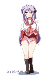 Rule 34 | 1girl, 2018, :p, bad id, bad twitter id, black ribbon, blue eyes, blush, clothes lift, dated, hair ribbon, hiiragi kagami, lifting own clothes, light purple hair, long hair, looking at viewer, lucky star, mizushima (p201112), panties, red skirt, ribbon, school uniform, serafuku, simple background, skirt, skirt lift, socks, solo, standing, tongue, tongue out, twintails, underwear, white background, white panties