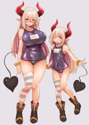 Rule 34 | aged up, blonde hair, blush, breasts, curled horns, demon girl, demon horns, demon tail, emma august, glasses, green eyes, highres, horns, kagami uekusa, large breasts, name tag, nijisanji, old school swimsuit, one-piece swimsuit, pointy ears, red horns, school swimsuit, single thighhigh, striped clothes, striped legwear, striped thighhighs, swimsuit, tail, thighhighs, time paradox, virtual youtuber