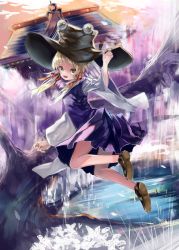 Rule 34 | 1girl, abstract background, architecture, blonde hair, blue skirt, blue vest, curled fingers, east asian architecture, flower, full body, gradient sky, green eyes, hair ribbon, hand on headwear, hat, highres, jumping, lake, loafers, long sleeves, looking at viewer, moriya suwako, open mouth, outdoors, ribbon, shoes, short hair, shrine, sidelocks, skirt, sky, solo, teeth, touhou, tree, twilight, vest, wide sleeves, zhu xiang