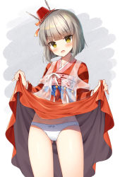 Rule 34 | 1girl, blush, boku no kanojo wa ningyohime!?, bow, bow panties, cameltoe, character request, commentary request, commission, floral print, gluteal fold, grey hair, hat, head tilt, korean commentary, lifting own clothes, long sleeves, looking at viewer, mauve, mini hat, obi, open mouth, panties, pixiv commission, red hat, rose print, sash, see-through, solo, standing, tilted headwear, underwear, white panties, yellow eyes