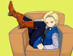 Rule 34 | 1girl, android 18, armchair, blonde hair, blue eyes, boots, chair, commentary request, denim, denim jacket, dragon ball, dragonball z, earrings, highres, jacket, jewelry, long sleeves, looking at viewer, pantyhose, reclining, rokoido12, shirt, short hair, simple background, sitting, sleeveless, sleeveless jacket, solo, striped clothes, striped shirt, unworn sleeves