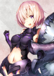 Rule 34 | 1girl, armor, armored dress, black gloves, black leotard, blush, breasts, center opening, clothing cutout, fate/grand order, fate (series), gloves, hair over one eye, holding, holding shield, large breasts, leotard, light purple hair, looking at viewer, mash kyrielight, navel, navel cutout, open mouth, pink hair, purple eyes, shield, short hair, smile, solo, teeth, umagenzin