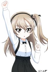 Rule 34 | 10s, 1girl, arm up, artist name, black bow, black bowtie, black ribbon, bow, bowtie, brown eyes, bukkuri, casual, collared shirt, dated, girls und panzer, hair ribbon, high-waist skirt, light brown hair, long hair, long sleeves, looking at viewer, parted lips, raised fist, ribbon, shimada arisu, shirt, side ponytail, signature, simple background, skirt, solo, standing, suspender skirt, suspenders, upper body, white background, white shirt