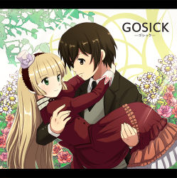 Rule 34 | 1boy, 1girl, blonde hair, brown eyes, brown hair, carrying, daisy, dress, eye contact, flower, gosick, green eyes, hat, kujou kazuya, leaf, letterboxed, looking at another, mini hat, mini top hat, pink rose, princess carry, red dress, rose, smile, tennen shiori, top hat, victorica de blois
