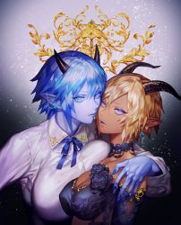 Rule 34 | 2girls, arm around shoulder, bad id, bad pixiv id, black horns, blonde hair, blue eyes, blue hair, blue nails, blue skin, breast press, breasts, cleavage, colored skin, commentary, couple, dark-skinned female, dark skin, demon girl, ear piercing, earrings, gradient background, horns, hug, imminent kiss, jewelry, large breasts, lips, long sleeves, looking at viewer, medium breasts, multiple girls, nail polish, neck, ohayosayonara, original, piercing, pointy ears, scar, scar on face, shirt, short hair, simple background, symbol-only commentary, upper body, white shirt, yuri