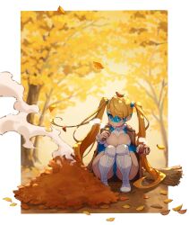 Rule 34 | 1girl, ass, blonde hair, blue eyes, boots, branch, breasts, broom, cleavage, cleavage cutout, clothing cutout, heart cutout, highres, large breasts, leaves, long hair, mask, mefuchan, potato, rainbow mika, smoke, squatting, street fighter, twintails, very long hair, wrestling outfit