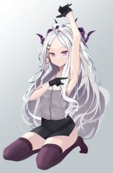 Rule 34 | 1girl, ahoge, arm up, armpits, blue archive, blush, commentary, forehead, grey background, hair ornament, halo, highres, hina (blue archive), horns, pointing, pointing at self, purple eyes, purple thighhighs, seiza, silver hair, simple background, sitting, solo, thighhighs