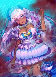 Rule 34 | 1girl, absurdres, afloat, blood, blood in water, blood on clothes, blood on face, blue eyes, breasts, cleavage, colored eyelashes, dark-skinned female, dark skin, dress, fangs, heart, heart-shaped pupils, heart background, hetero, highres, indie virtual youtuber, jellyfish, jellyfish girl, large breasts, louizamerachi, lullaby lolita, medium breasts, open mouth, partially submerged, pink eyes, pink hair, purple background, solo, source request, sweat, symbol-shaped pupils, teeth, water, yandere