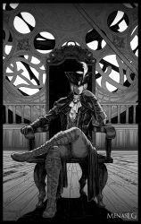 Rule 34 | 1girl, absurdres, ascot, bloodborne, boots, cape, closed mouth, coat, commentary, crossed legs, gloves, greyscale, hat, hat feather, highres, lady maria of the astral clocktower, looking at viewer, menaslg, monochrome, on chair, sitting, solo, tricorne