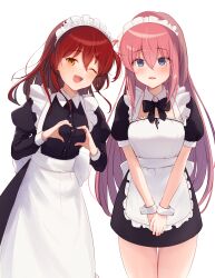 Rule 34 | 2girls, ;d, absurdres, alternate eye color, apron, black bow, black bowtie, black dress, blue eyes, bocchi the rock!, bow, bowtie, brown eyes, commentary, detached collar, dress, english commentary, frilled apron, frills, gotoh hitori, hands up, heart, heart hands, highres, kita ikuyo, long bangs, long hair, long sleeves, looking at viewer, maid, maid apron, maid headdress, mixed-language commentary, multiple girls, official alternate costume, one eye closed, one side up, open mouth, pink hair, red hair, short sleeves, smile, white apron, white background, white wrist cuffs, wrist cuffs, yata mawari