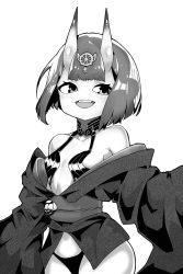 Rule 34 | 1girl, absurdres, bad id, bad pixiv id, bare shoulders, blunt bangs, blush, bob cut, breasts, collarbone, cowboy shot, fangs, fate/grand order, fate (series), female focus, greyscale, haembokeyo, hair ornament, happy, highres, horns, japanese clothes, kimono, light blush, long sleeves, looking to the side, monochrome, navel, obi, off shoulder, open mouth, panties, revealing clothes, sash, short hair, shuten douji (fate), sidelocks, simple background, skin-covered horns, small breasts, smile, solo, standing, teeth, underwear, white background