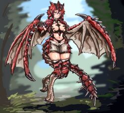 Rule 34 | 1girl, bike shorts, blue eyes, breasts, claws, commentary request, dragon girl, dragon tail, dragon wings, flying, full body, large breasts, looking at viewer, medium breasts, monster girl, monster hunter (series), navel, personification, pointy ears, rathalos, red hair, scales, solo, tail, talons, udetamago, wings