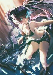 Rule 34 | 1girl, bikini, bikini top only, black bikini, black footwear, black hair, black rock shooter, black rock shooter (character), black shorts, blue eyes, boots, breasts, cleavage, collarbone, flaming eye, floating hair, front-tie bikini top, front-tie top, hair between eyes, halterneck, highres, knee boots, long hair, looking at viewer, luobo carrot, medium breasts, midriff, outstretched arm, short shorts, shorts, solo, stomach, swimsuit, twintails, very long hair