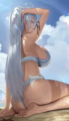 Rule 34 | 1girl, absurdres, ahoge, arm up, ass, barefoot, bikini, blue sky, breasts, cloud, commentary, day, epic seven, feet, from behind, goback, grey hair, highres, large breasts, lethe (epic seven), long hair, outdoors, red eyes, sand, sitting, sky, soles, solo, swimsuit, thighs, toes, wet, white bikini