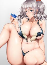 Rule 34 | 1girl, alternate costume, bikini, blue eyes, blush, breasts, cleavage, gradient background, hair between eyes, hamaguri (hamaguri1234), highres, kantai collection, kashima (kancolle), large breasts, long hair, looking at viewer, navel, sidelocks, silver hair, sitting, solo, swimsuit, thighs, torn bikini, torn clothes, torn swimsuit, twintails, wavy hair