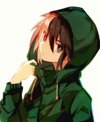 1boy black_eyes black_hair bright_pupils drawstring film_grain green_jacket hair_between_eyes head_tilt heterochromia hood hood_up hooded_jacket jacket long_sleeves miteru_yujian multicolored_hair nanami_izu pink_hair red_eyes saibou_shinkyoku short_hair solo split-color_hair two-tone_hair white_background white_pupils