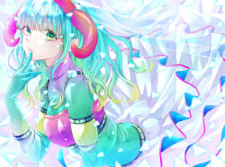 Rule 34 | 1girl, aqua hair, bent over, blunt bangs, cape, cape lift, clothes lift, colored eyelashes, colorful, commentary, curly hair, expressionless, eyelashes, futaba sana, gloves, green eyes, green hair, hand on own face, hand to own mouth, hand up, highres, horns, iridescent, light particles, looking at viewer, magia record: mahou shoujo madoka magica gaiden, mahou shoujo madoka magica, medium hair, multicolored eyes, multicolored hair, parted lips, riri (ririwaldorf), solo, sweater, tareme, turtleneck, turtleneck sweater, uwasa no sana, veil, waist cape, white cape, yellow eyes