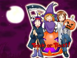 Rule 34 | 3girls, choia, futaba channel, halloween, jack-o&#039;-lantern, multiple girls, musu, pumpkin, purple background, suigetsu, trick or treat, waha, wallpaper, yamato suzuran