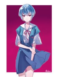 Rule 34 | 1girl, akikuriii, artist name, ayanami rei, bad id, bad pixiv id, blouse, blue hair, clothes lift, collarbone, cowboy shot, dress, dress shirt, gradient background, hand on own arm, holding, holding clothes, holding skirt, looking at viewer, neck ribbon, neon genesis evangelion, pinafore dress, purple background, red eyes, red ribbon, ribbon, school uniform, shirt, short hair, short sleeves, signature, skirt, skirt lift, sleeveless dress, solo, tokyo-3 middle school uniform, white shirt, wind, wind lift