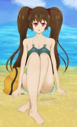 Rule 34 | 1boy, absurdres, alternate hairstyle, androgynous, artist request, ass, bare legs, bare shoulders, barefoot, blush, brown hair, full body, green one-piece swimsuit, highres, long hair, long twintails, looking at viewer, one-piece swimsuit, pink eyes, sitting, smile, solo, swimsuit, taimanin (series), taimanin asagi, taimanin rpgx, trap, twintails, uehara shikanosuke, very long hair, water, wide hips