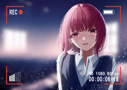 Rule 34 | 1girl, arima kana, battery indicator, blush, collared shirt, commentary request, highres, light particles, open mouth, oshi no ko, recording, red eyes, red hair, shirt, short hair, solo, teeth, viewfinder, white shirt, yodokawa yodo