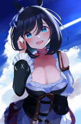 Rule 34 | 1girl, absurdres, animal ears, belt, black hair, blue eyes, blush, breasts, brown belt, cleavage, collarbone, detached sleeves, dirndl, eishin flash (umamusume), german clothes, highres, holding, holding own hair, horse ears, horse girl, large breasts, looking at viewer, open mouth, plaid, plaid skirt, red skirt, short hair, skirt, smile, solo, umamusume, wasawasabidayo