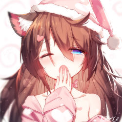 Rule 34 | 1girl, ;o, animal ears, blue eyes, breasts, brown hair, cat ears, cat girl, choker, hair between eyes, hair ornament, hairclip, heart, lens flare, long hair, looking at viewer, off shoulder, one eye closed, open mouth, original, pajamas, pajamas pull, pom pom (clothes), qys3, signature, simple background, small breasts, solo, teardrop, upper body, white background, yawning