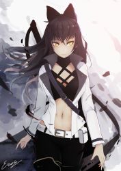 Rule 34 | 1girl, absurdres, bad id, bad pixiv id, belt, black belt, black hair, black legwear, blake belladonna, bow, breasts, collarbone, commentary, cowboy shot, dot nose, english commentary, erospanda, hair between eyes, hair bow, hair ornament, highres, jacket, long hair, long sleeves, looking to the side, medium breasts, midriff, navel, open clothes, open jacket, pants, rwby, shirt, signature, solo, standing, weapon, weapon on back, white belt, white jacket, yellow eyes