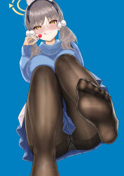 Rule 34 | 1girl, blue archive, blush, candy, feet, food, glasses, hairband, highres, licking lips, lollipop, long hair, looking at viewer, low twintails, moe (blue archive), panties, panties under pantyhose, pantyhose, pantyshot, smile, soles, toes, tongue, tongue out, twintails, underwear, yellow eyes