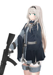 Rule 34 | 1girl, absurdres, an-94, an-94 (girls&#039; frontline), assault rifle, blonde hair, blush, closed mouth, feet out of frame, girls&#039; frontline, gloves, green eyes, grey gloves, gun, hairband, hanabusaraleigh, highres, holding, holding gun, holding weapon, long hair, looking at viewer, rifle, simple background, solo, standing, tactical clothes, weapon, white background